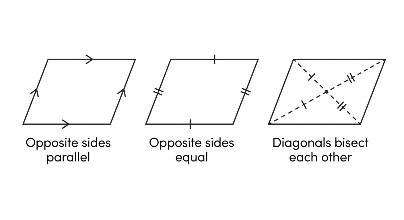 Three parallelograms, each illustrating one of the equivalent definitions: opposite sides parallel, opposite sides equal, and diagonals bisecting each other