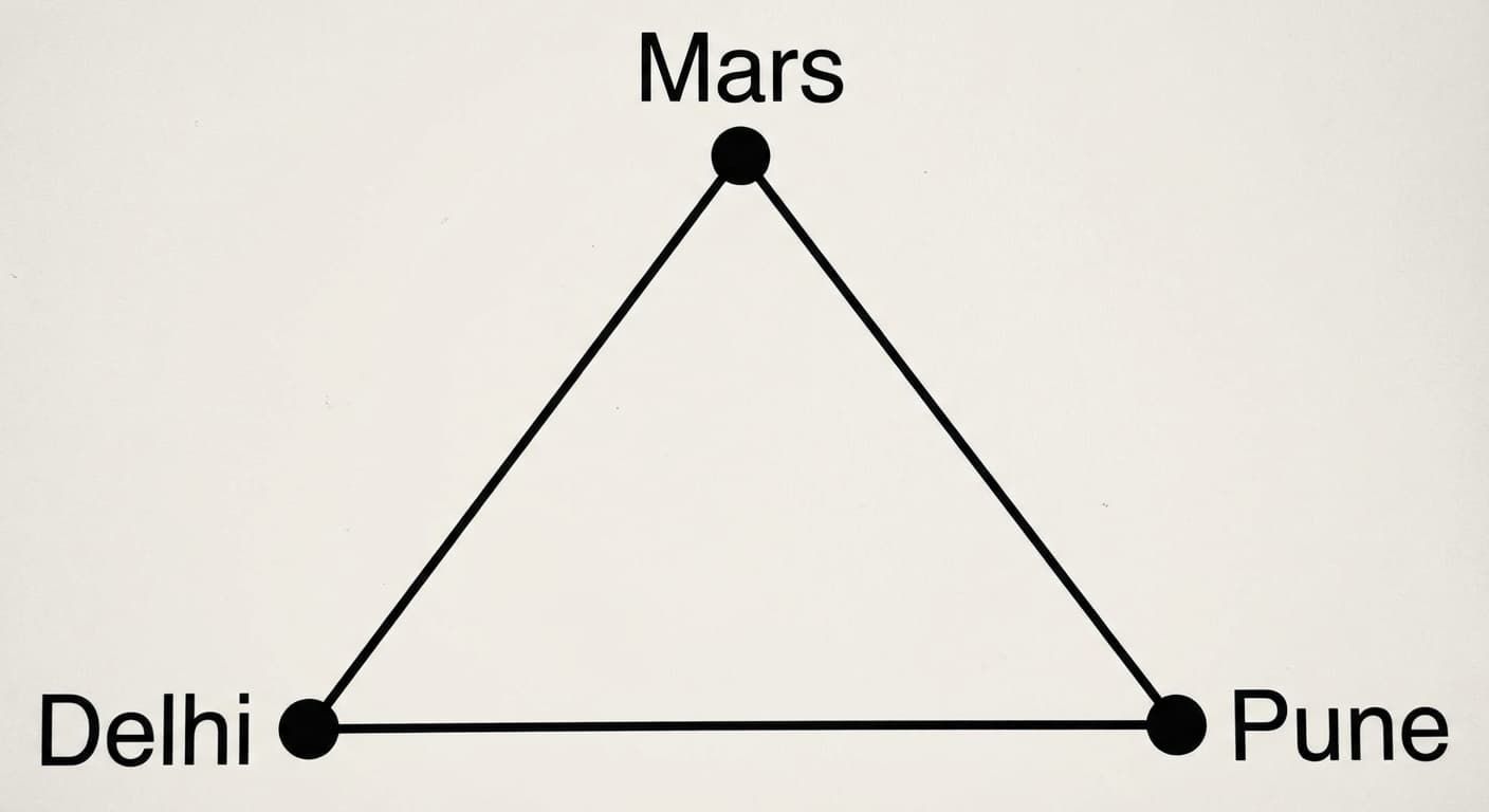 The teleportation analogy — three points (Mars, Delhi, Pune) each connected to the other two, forming a triangle