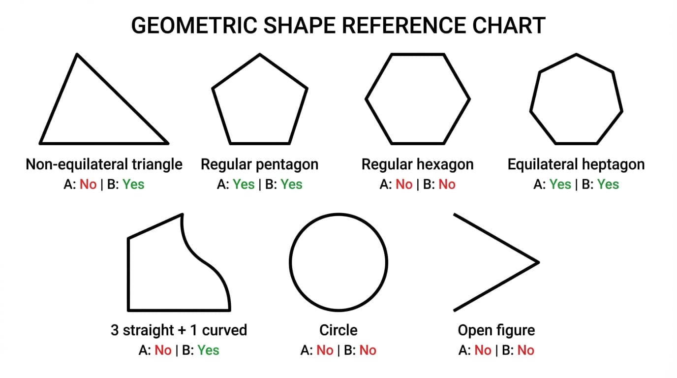 Reference chart of key test shapes with their A and B verdicts