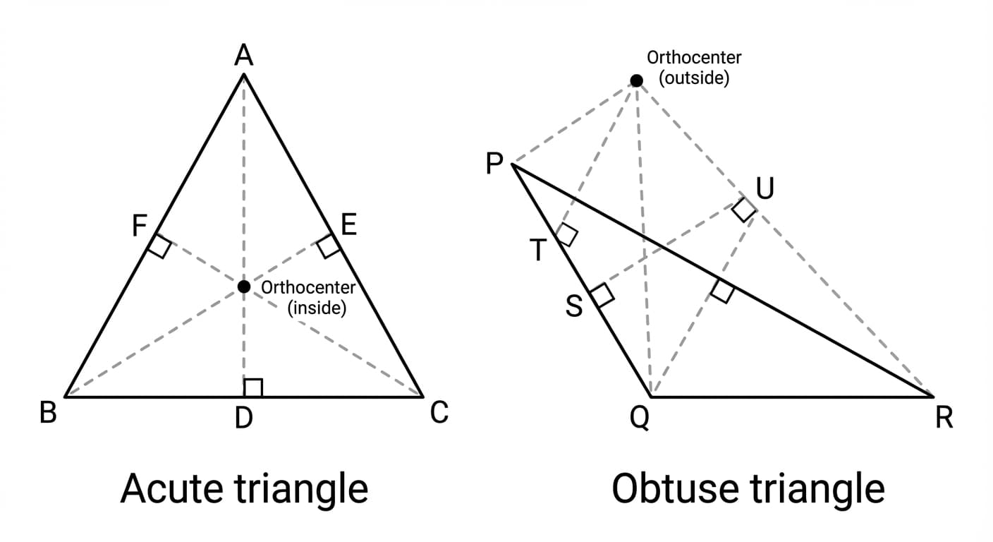 Comparison of altitudes in an acute triangle (orthocenter inside) versus an obtuse triangle (orthocenter outside, altitudes extended)