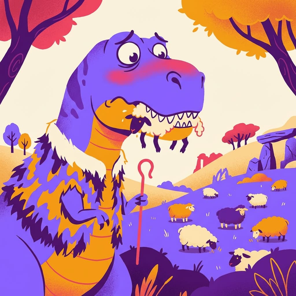 Blortz the T-Rex, who works as a sheepdog, caught looking guilty while eating one of the sheep