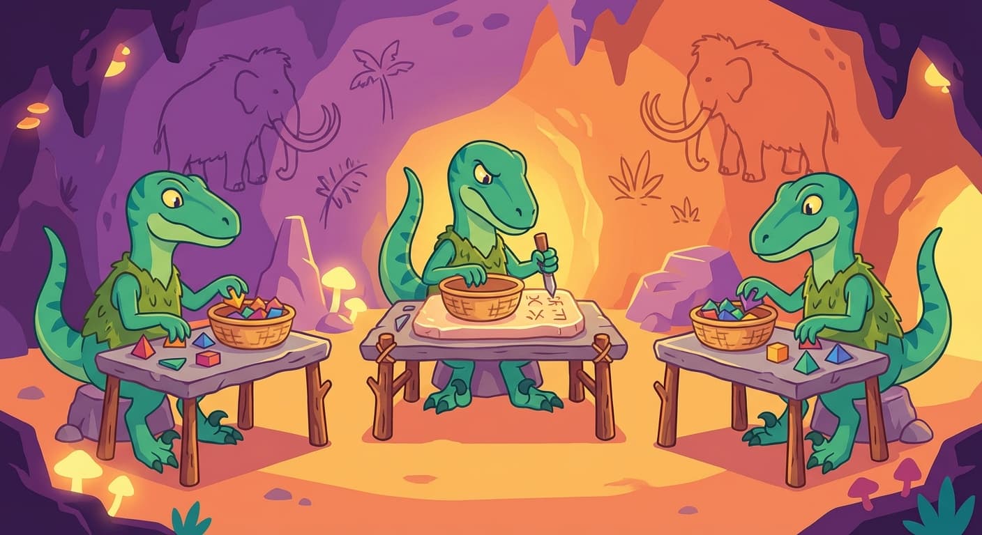 Two velociraptors working side by side on identical copies of the same job, while a third velociraptor carefully copies the contents of working baskets onto a checkpoint shelf — a stone slab showing the step number and basket states