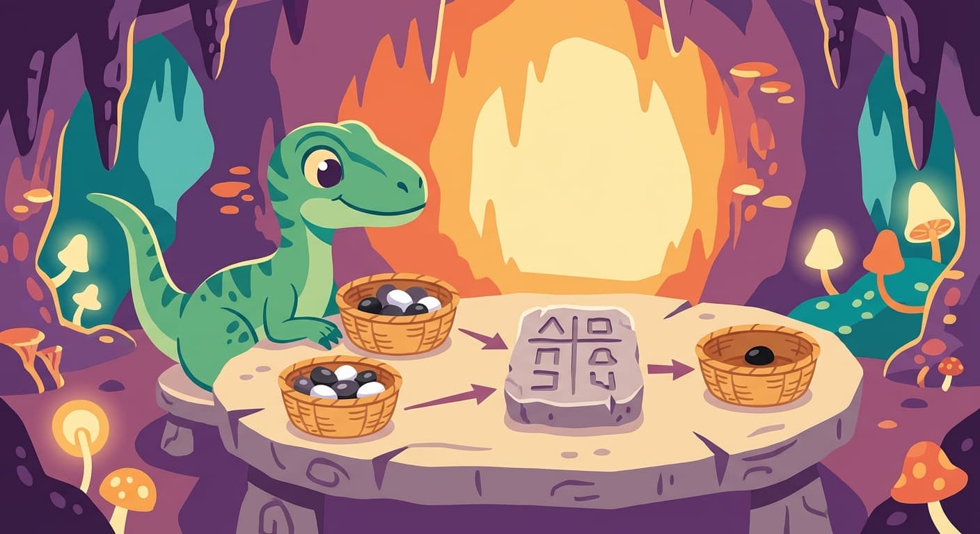 A velociraptor evaluating condition baskets — small baskets with black and white pebbles representing individual conditions, feeding into a Boolean operation that produces a single result pebble