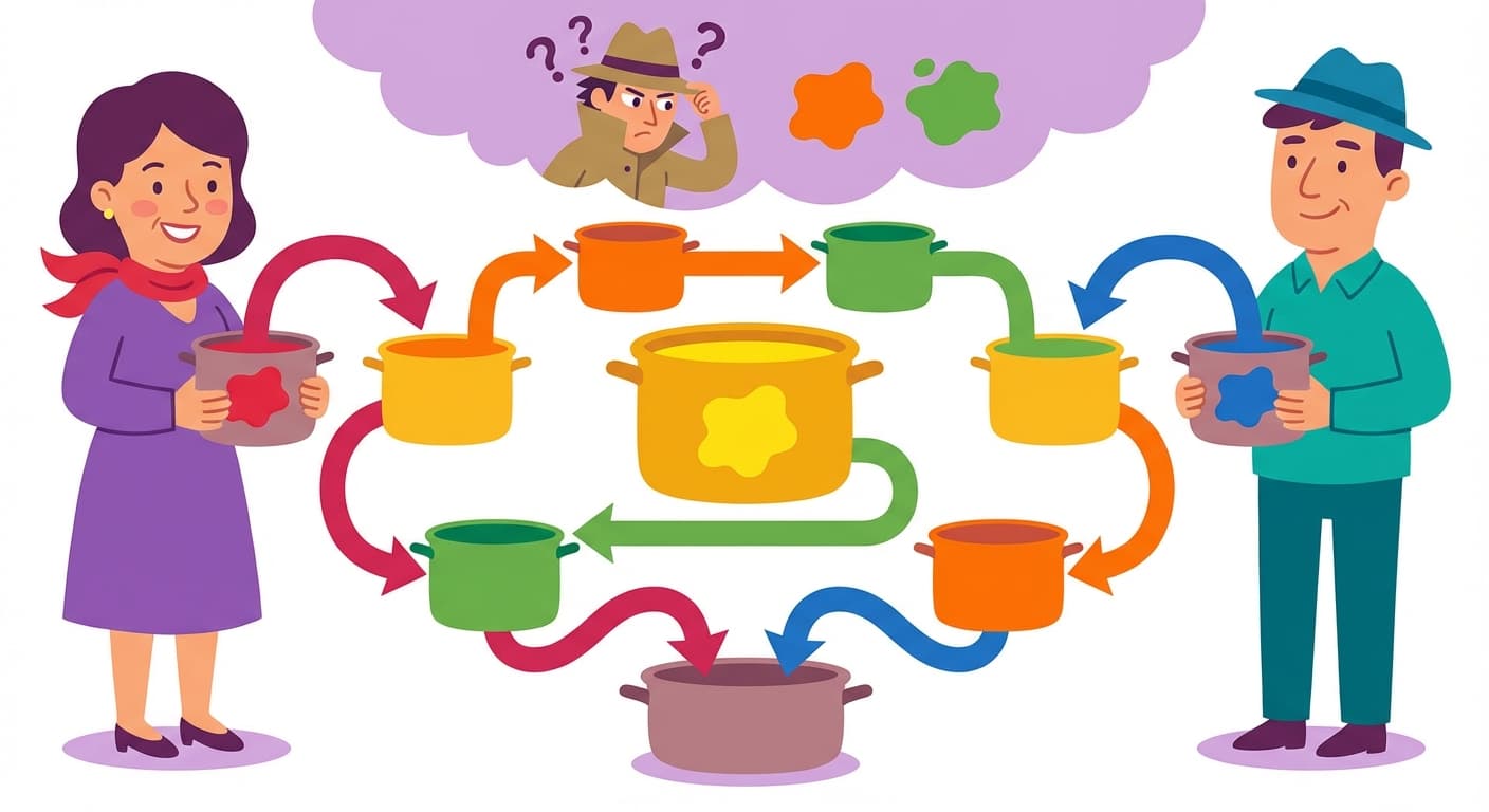 A diagram showing the paint-mixing key exchange: Bretchka and Hjelvran each start with yellow, mix in their private colours (red and blue), exchange results (orange and green), then each mix in the other's result to arrive at the same final brownish colour — while a spy watches the exchanges but cannot determine the final colour