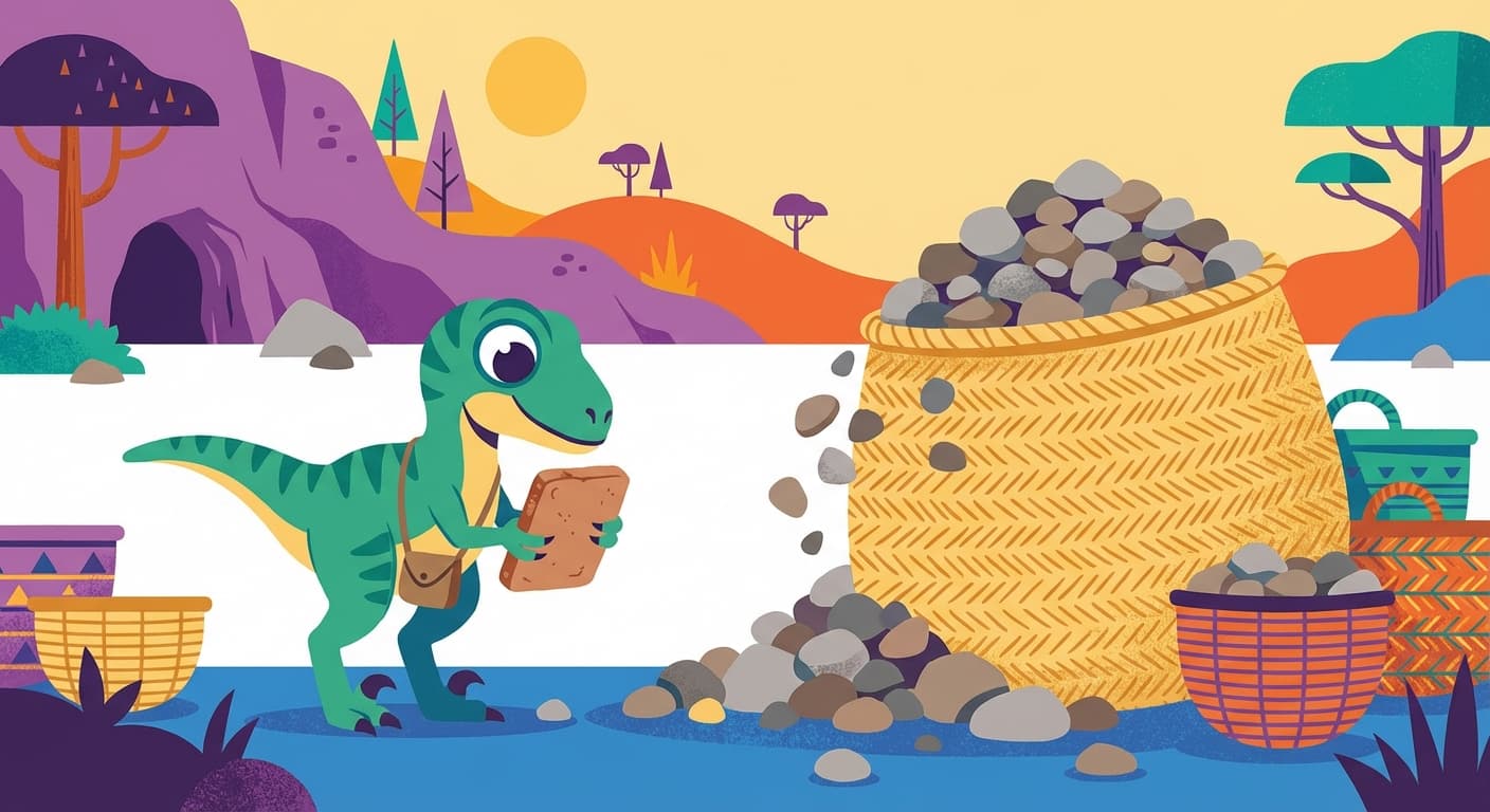 Krothva the velociraptor standing beside a massively overflowing basket 2, following her instructions exactly