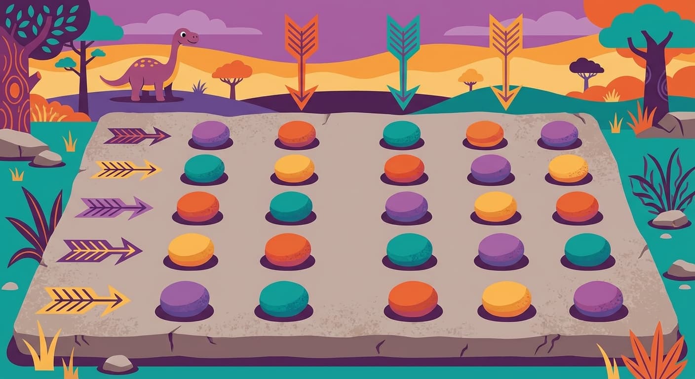 Fifteen pebbles arranged in a grid of five rows and three columns, with arrows showing counting by rows versus counting by columns