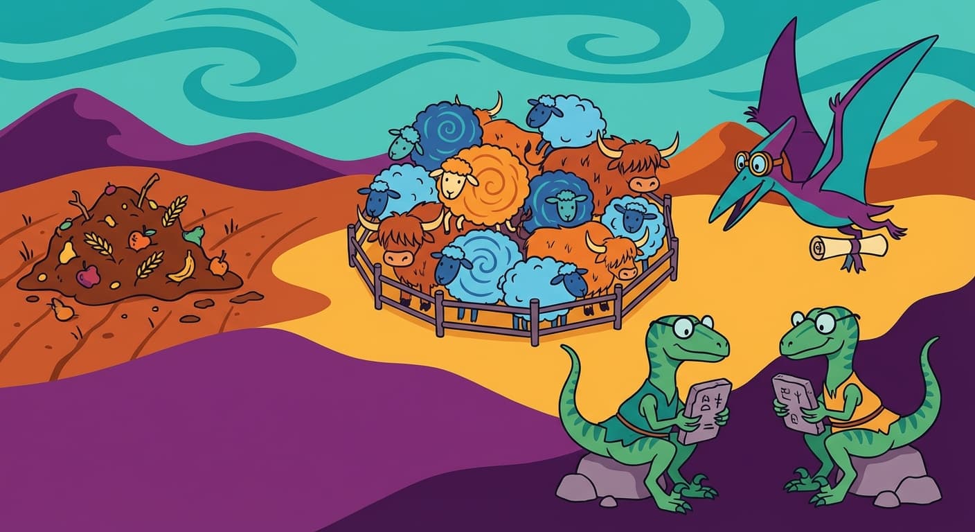 A chaotic scene: feed rotting in an empty field at one location, an overcrowded herd at another location, a pterodactyl carrying a message arriving too late, and velociraptors calmly checking rule tablets amid the chaos