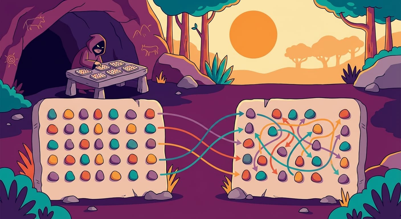 Two stone slabs side by side. The left slab shows a record with pebbles in their original positions. The right slab shows the same record with positions scrambled according to a swap table. Arrows connect the original positions to their scrambled destinations. A shadowy figure in the background studies multiple scrambled messages, looking for patterns