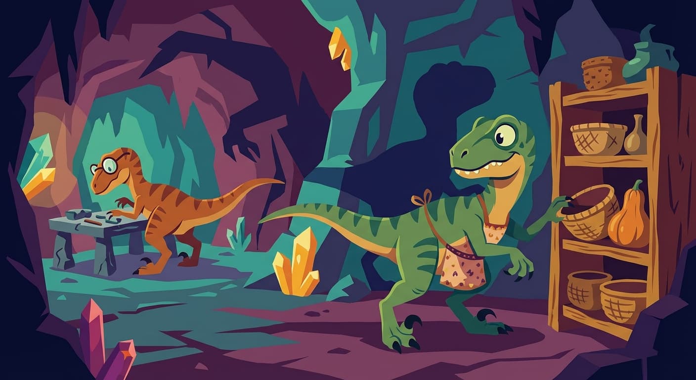 A velociraptor sneaking a look at another customer's shelf section while a second velociraptor is distracted — a shadowy, conspiratorial scene in the cave with dramatic lighting