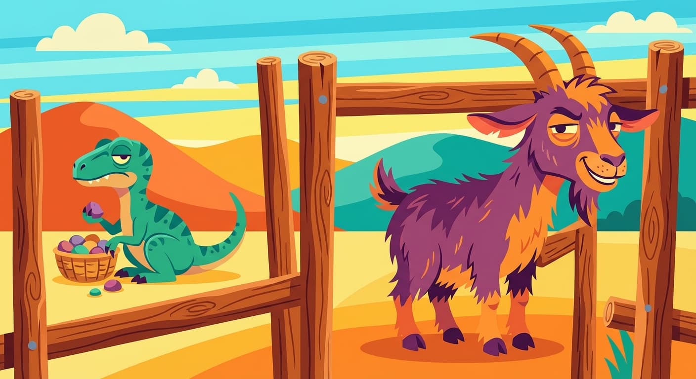 Vrjsk the goat squeezing through a gap in the fence for the twentieth time while Krothva removes another pebble in the background