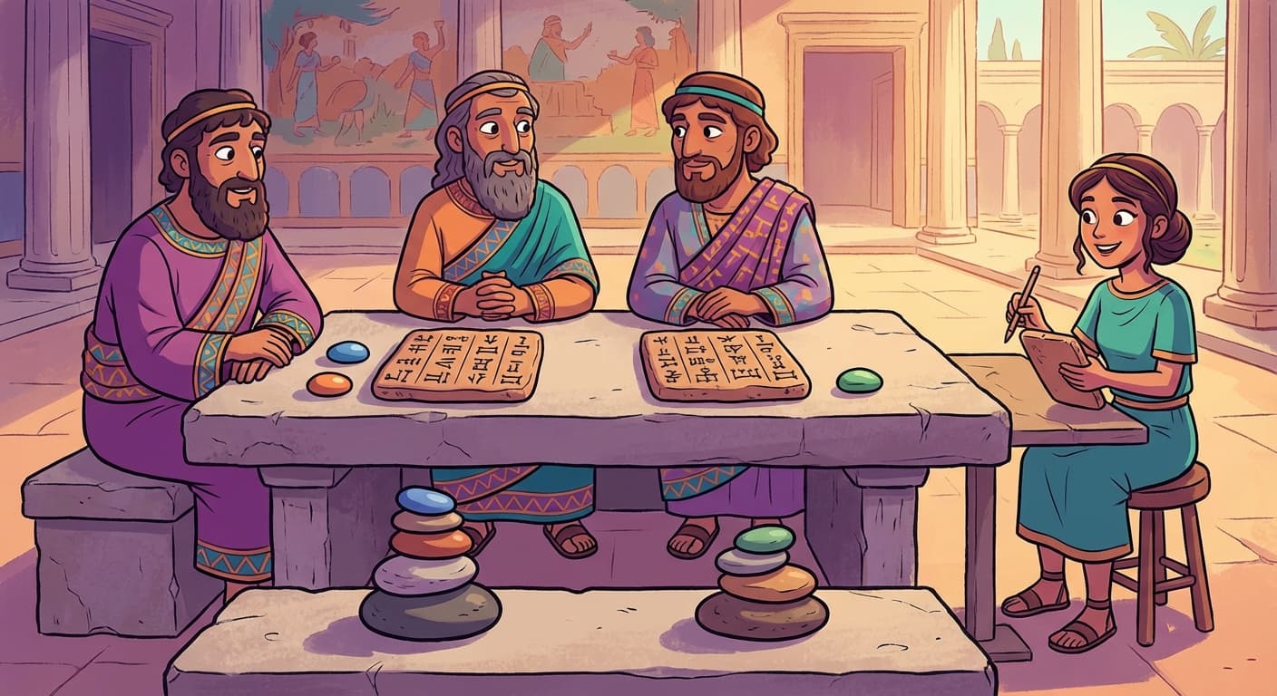 A stone table with two summary tablets placed side by side. Three reviewers sit across the table, each placing a coloured pebble next to their preferred summary. Two pebbles are next to the left summary, one next to the right. Below, tallied results from many comparisons are shown as stacked pebbles. Trviksha records the preferences on a separate tablet