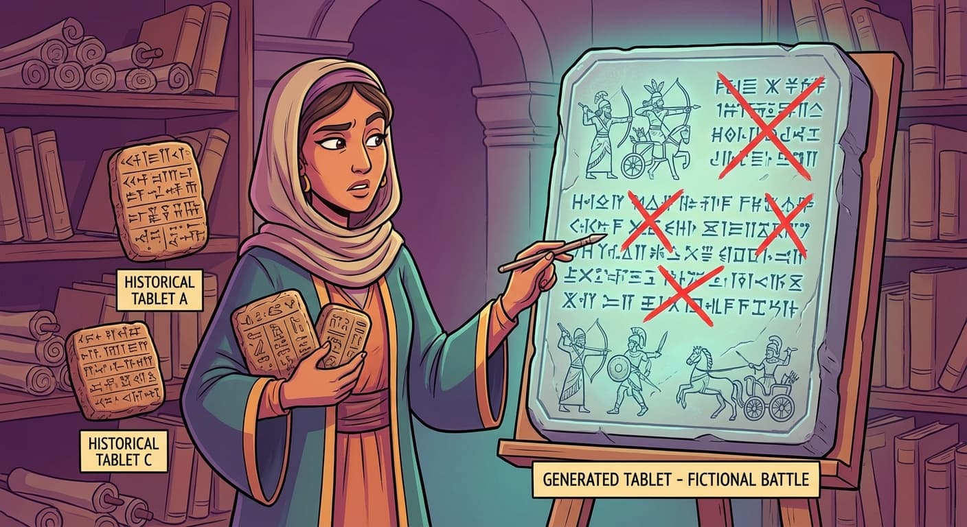 A stone tablet with elegant Sonhlagoti script describing the "Battle of Kronthjel Pass." The text is fluent and authoritative. But Hjentova holds up three actual historical tablets for comparison, none of which match. Red marks cross out the fabricated details. The model's text looks indistinguishable in style from the real tablets — same handwriting, same formality, same confidence