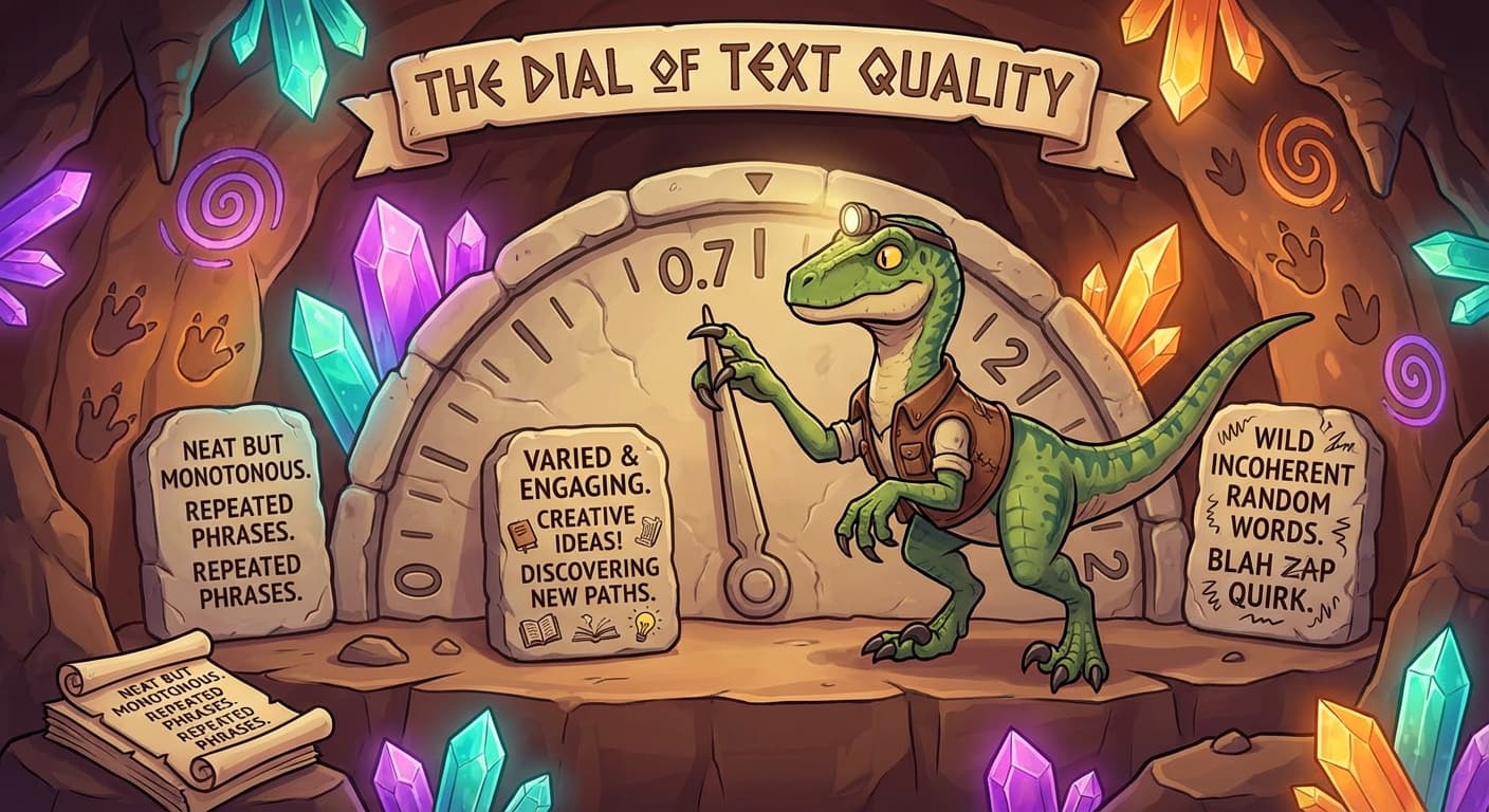 A stone dial with markings from 0 to 2. At the left (0), a sample of text is neat but monotonous — the same phrases repeated. In the middle (around 0.7), the text is varied and engaging. At the right (2), the text is wild and incoherent, with words that make no sense together. A velociraptor's claw rests on the dial, positioned at the middle setting