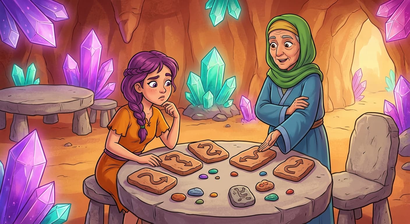 A stone tablet showing two columns of patient records connected by arrows. On the left, "clinic visits" and "rainy-season sickness" point toward each other with a bold arrow labelled "seems to cause." On the right, the correct diagram: a third factor — "underlying frailty" — sits above both, with arrows pointing down to clinic visits and to sickness. Grothvik taps the correct diagram while Trviksha stares at the misleading one