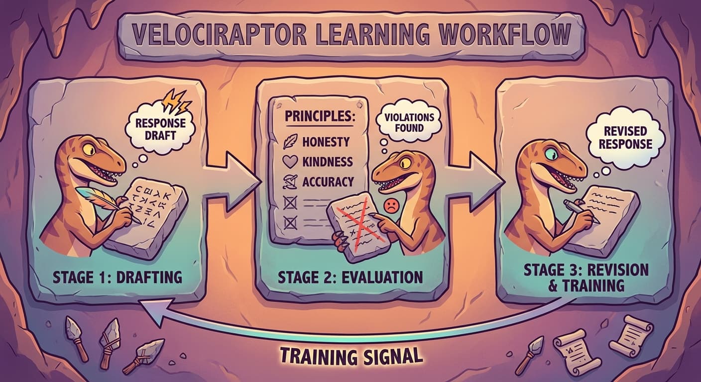 A workflow diagram showing three stages. Stage 1: a velociraptor writes a response on a stone tablet. Stage 2: the same velociraptor reads the response alongside a list of carved principles and marks violations with red chalk. Stage 3: the velociraptor rewrites the response, correcting the violations. An arrow shows the revised response feeding back as a training signal