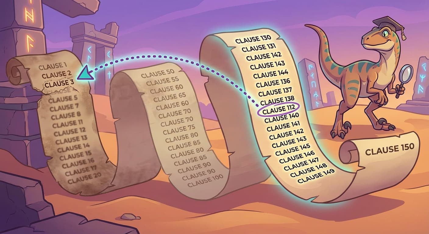 A long scroll of contract clauses stretching from left to right. A velociraptor stands at the right end (Clause 150), looking backward. The recent clauses (130-150) are bright and clear. The middle clauses (50-100) are faded. The early clauses (1-20) are barely visible, with Clause 3 nearly illegible. An arrow from Clause 112 points all the way back to Clause 3, crossing the faded zone