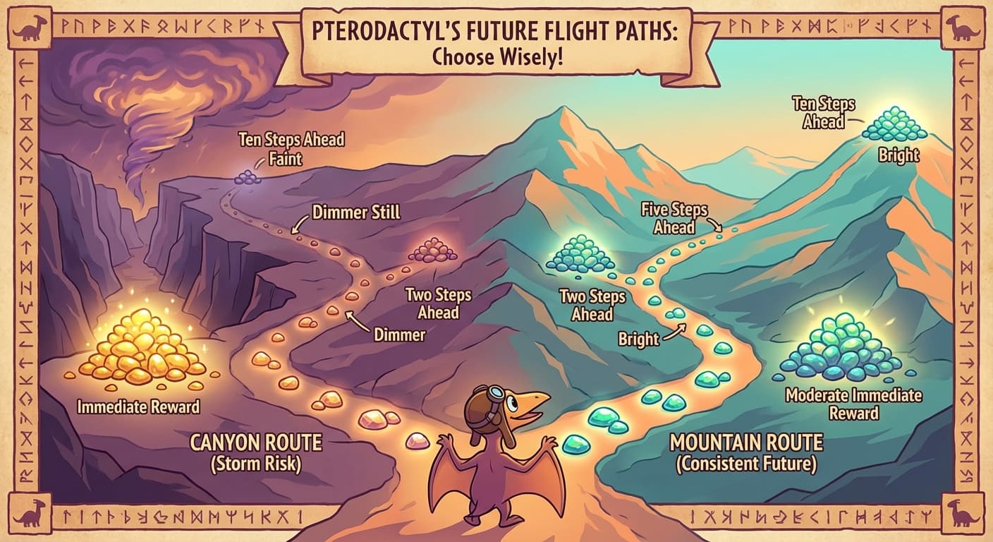 A branching path diagram showing the pterodactyl's future from the current position. The immediate next step shows full-brightness reward pebbles. Two steps ahead, the pebbles are slightly dimmer. Five steps ahead, dimmer still. Ten steps ahead, the pebbles are faint. A fork in the path shows: canyon route (bright immediate reward but dim future due to monsoon risk) versus mountain route (moderate immediate reward but consistently bright future)