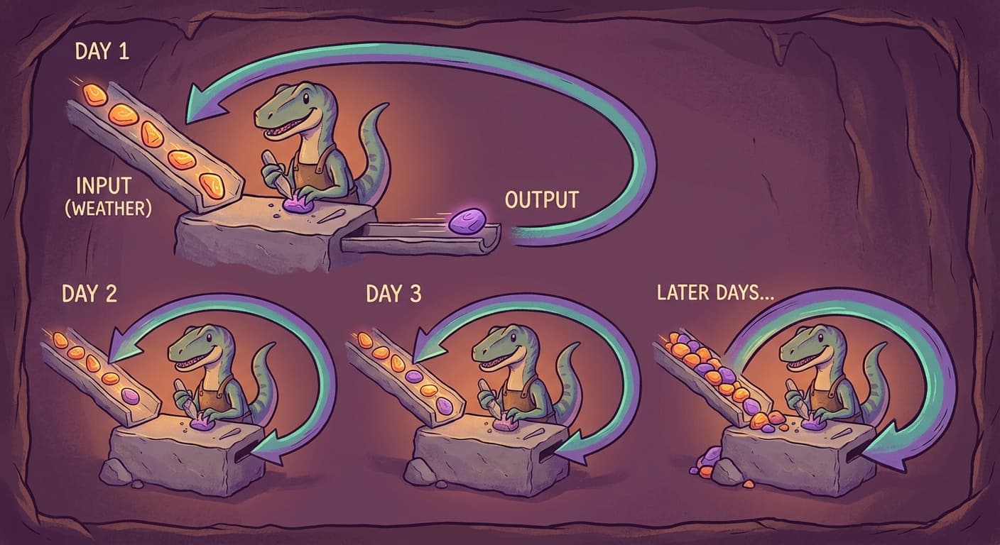 A velociraptor (Drysska) sitting at a workstation. On Day 1, she receives five pebbles from the left (today's weather) and produces one pebble on the right (her output). An arrow curves from the output pebble back around to the input side. On Day 2, the same five pebbles arrive from the left, plus the curved-back output pebble from Day 1 — six inputs total. The loop continues across several days, with the output always feeding back