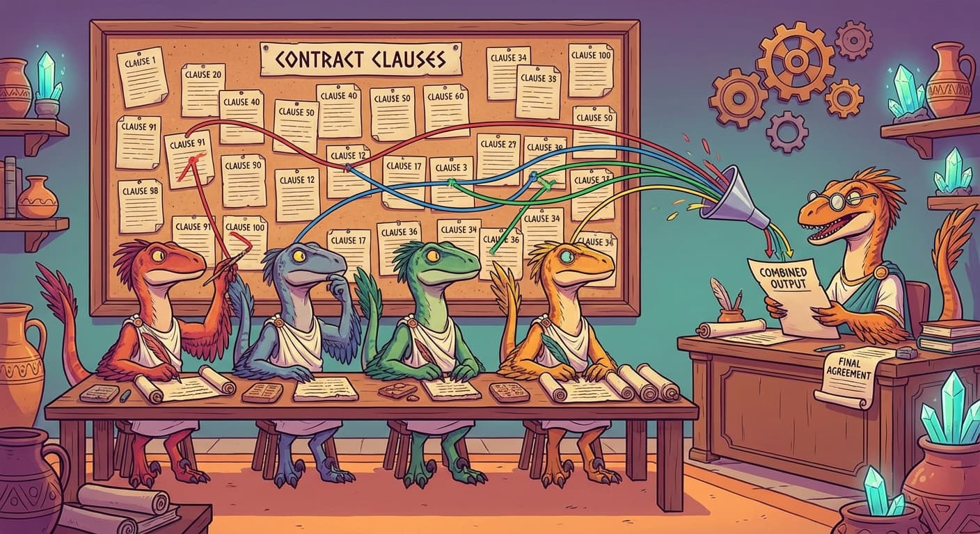 Four velociraptors sitting side by side at Clause 87, each looking at the same bulletin board of contract clauses. Each velociraptor has different-coloured lines connecting to different clauses — one focuses on Clause 91 (red lines), one on Clause 12 (blue), one on Clause 3 (green), one on Clause 34 (yellow). Their outputs feed into a fifth velociraptor that combines them