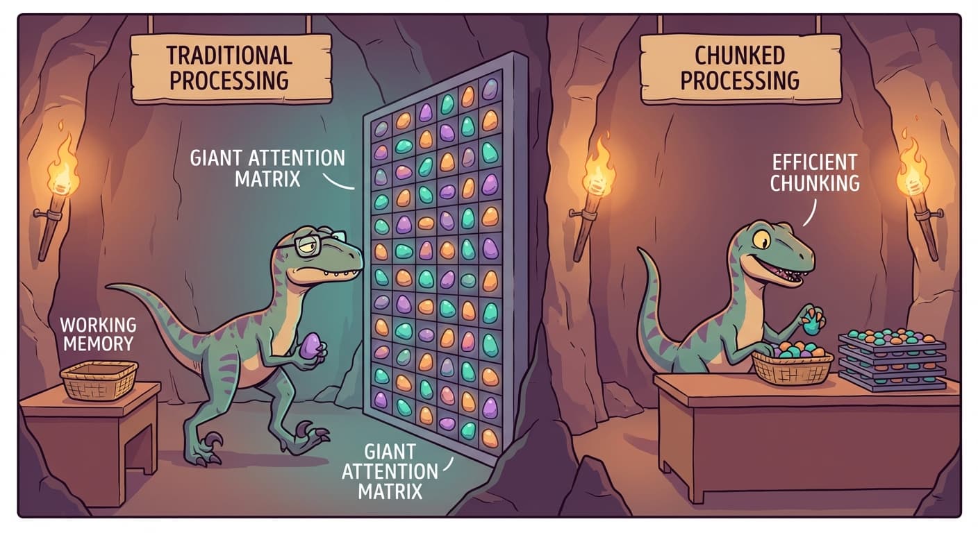 Two setups side by side. On the left, a velociraptor sits at a desk with a small working basket. Behind it, enormous shelves hold a massive attention matrix. The velociraptor walks back and forth carrying pebbles, looking exhausted. On the right, the same velociraptor sits at the desk, but the attention matrix is broken into small chunks that each fit in the working basket. The velociraptor processes each chunk without leaving its desk, looking calm