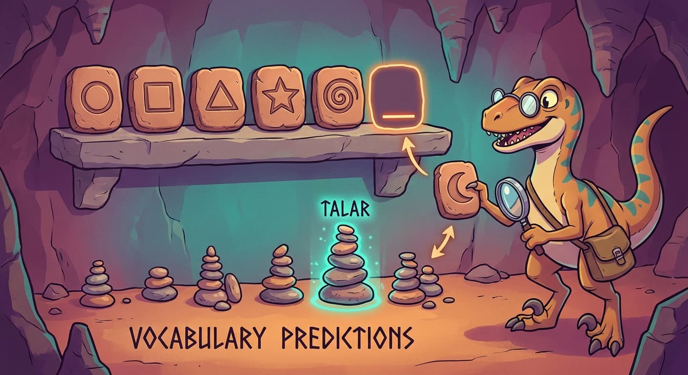A sequence of Sonhlagoti tokens on a stone shelf: "The harvest in the western ___". Below the blank, eight thousand pebble arrangements (one per vocabulary token) are arranged in a row, each with a height indicating the network's confidence. The tallest pebble is "provinces." A velociraptor checks the actual next token against the prediction, measuring the error