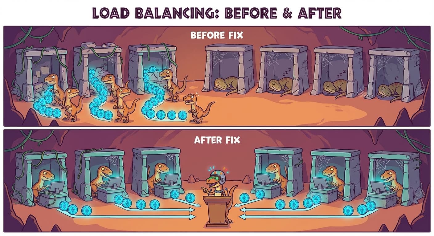 Eight groups of cartoon velociraptor workstations. In the top image (before fix), three groups are crowded with long queues of tokens while five groups are empty and idle. In the bottom image (after fix), all eight groups have roughly equal queues and all are working. A small router velociraptor in the centre distributes tokens more evenly
