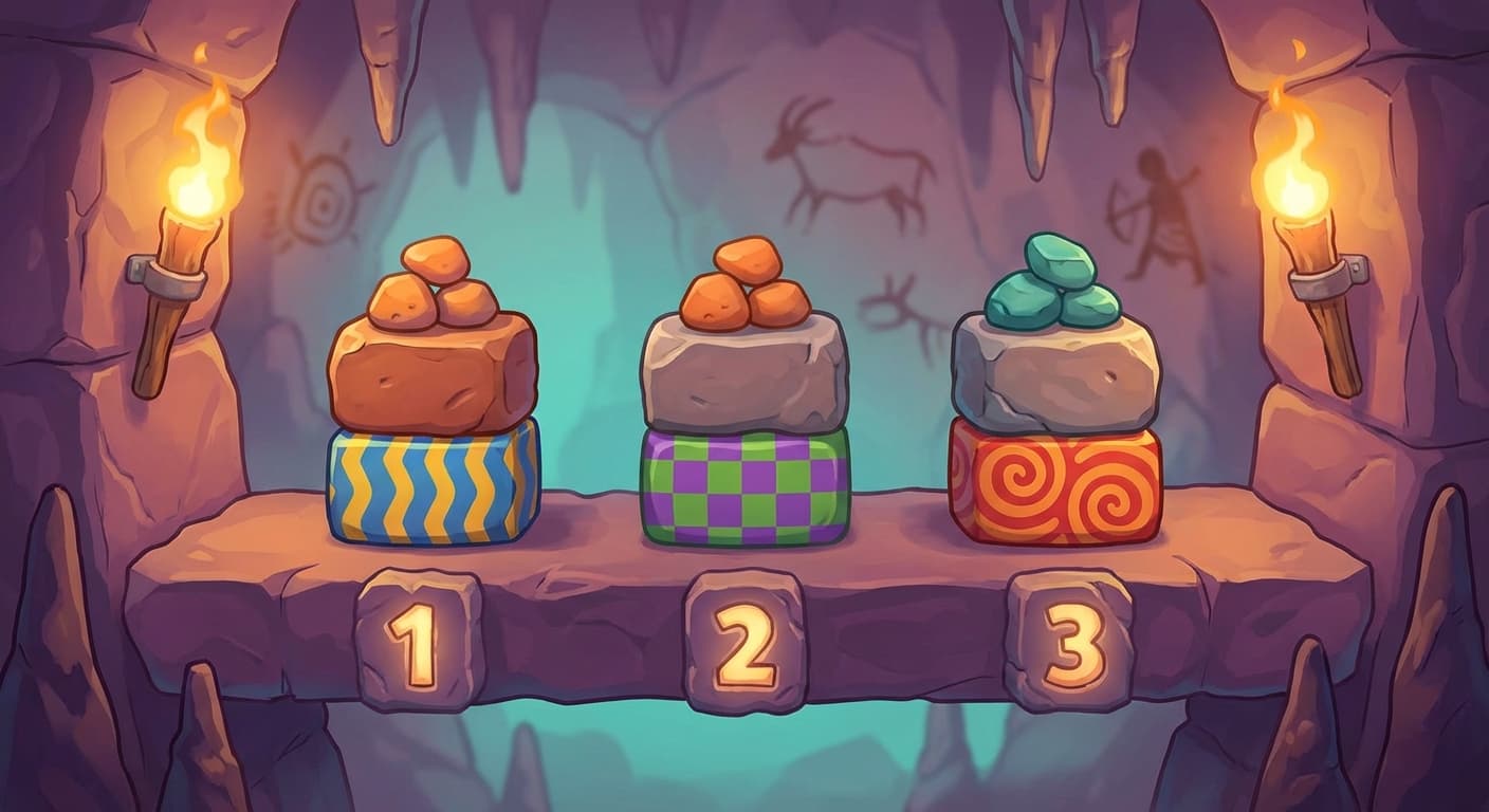 A row of tokens on a shelf. Each token has two components stacked on top of each other: the word encoding (pebble arrangement on top) and the position encoding (a distinct pattern of coloured marks below). Token 1 has a different colour pattern from Token 2, which differs from Token 3. The combined representation — word plus position — makes each token unique even if the words are identical