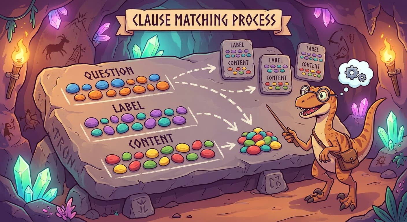 Three rows of pebble arrangements for a single clause. The top row, labelled "question," shows a specific pattern representing what this clause is looking for. The middle row, labelled "label," shows a different pattern representing what this clause can be found by. The bottom row, labelled "content," shows a third pattern representing what this clause contributes. Arrows show the question from one clause matching against labels from other clauses, and pulling in their content