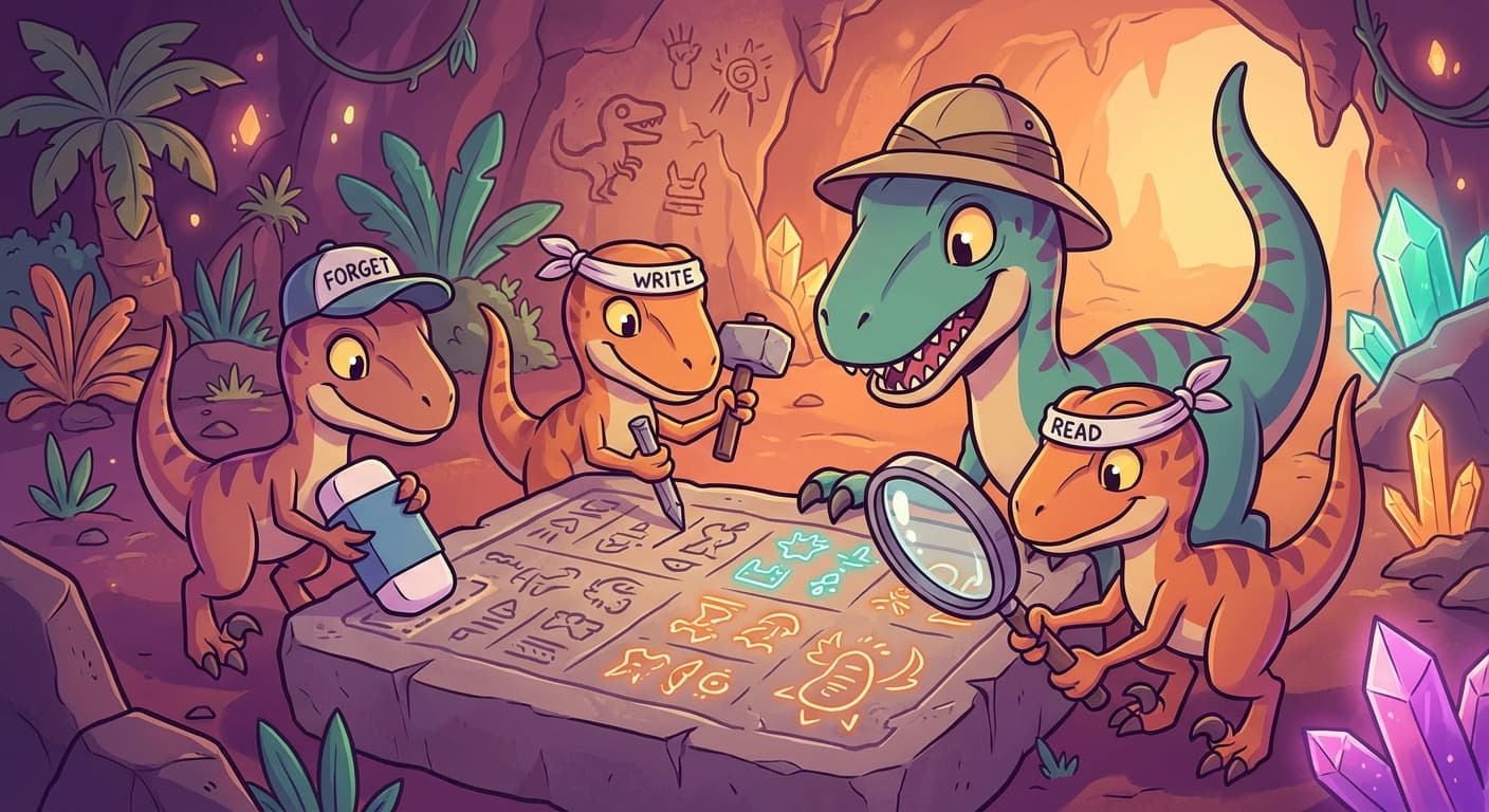 Three small gatekeeping velociraptors around a stone tablet. The first (labelled "forget") holds an eraser. The second ("write") holds a chisel. The third ("read") holds a magnifying glass, deciding which parts of the stone to show to the main velociraptor. The main velociraptor looks at the stone through the magnifying glass, seeing only selected portions