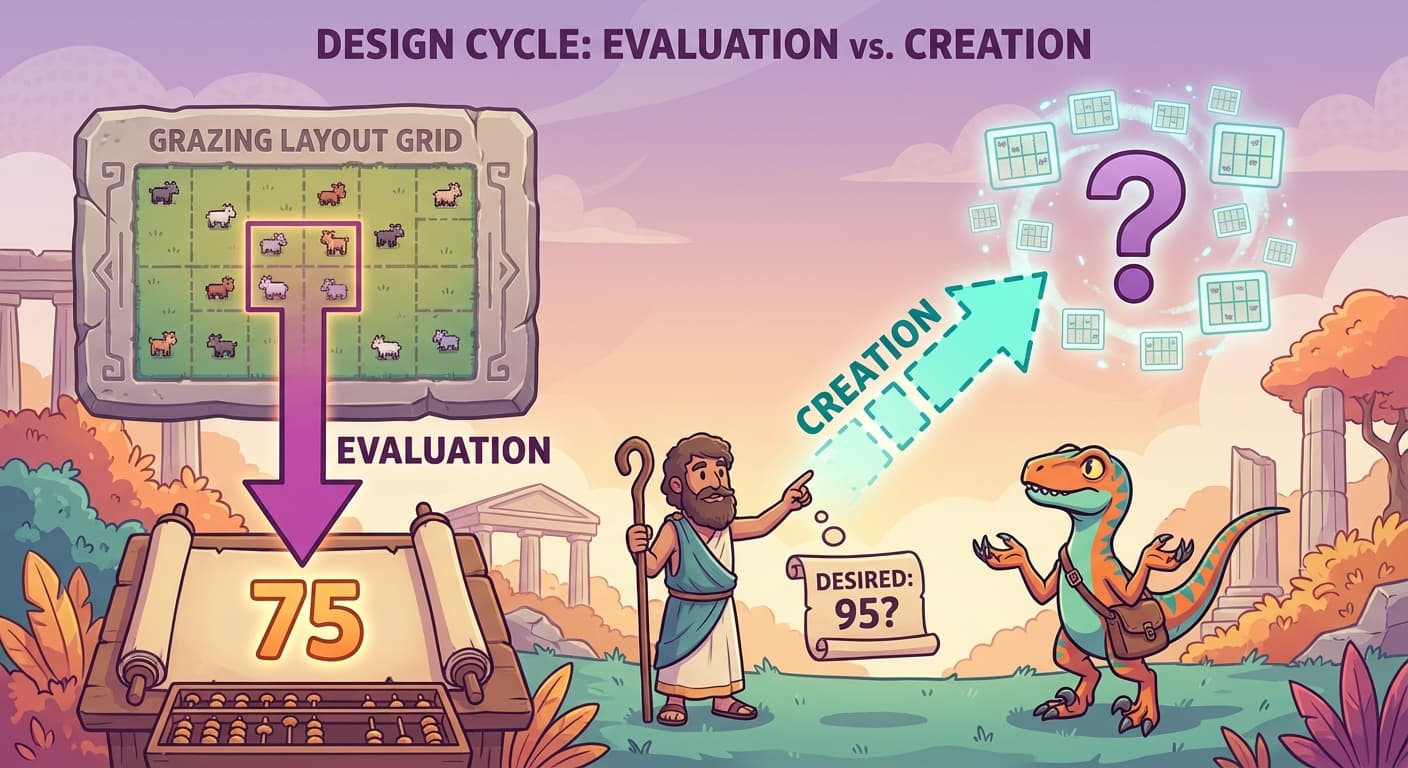 Two arrows between a grazing layout grid and a productivity score. The downward arrow (evaluation) is bold and clear, going from a specific layout to a single number. The upward arrow (creation) is fragmented and uncertain, going from a desired number to a question mark surrounded by thousands of possible layout grids. Kvrothja points at the upward arrow. A velociraptor shrugs