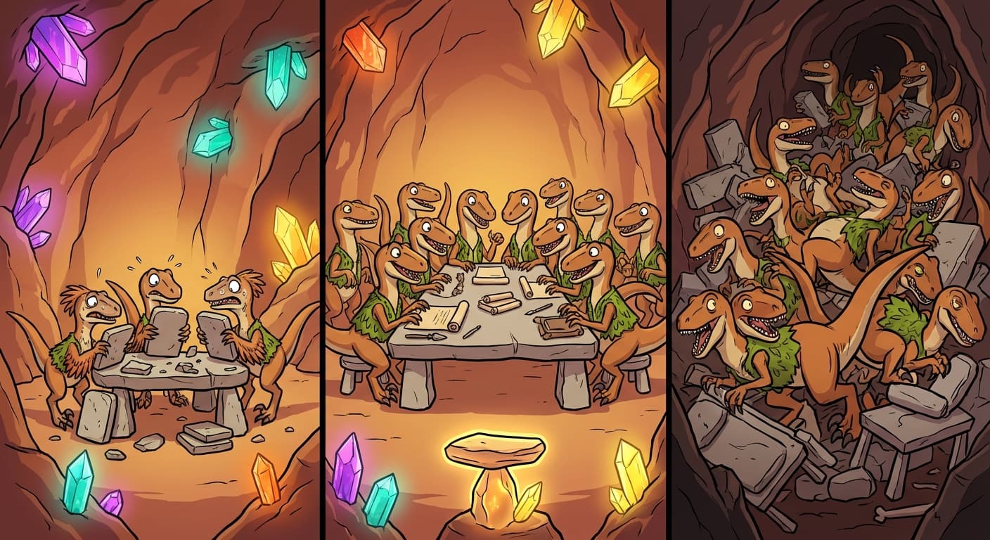 A stone graph with "number of velociraptors" along the bottom and "accuracy" up the side. Two lines of pebbles trace curves: a blue line (training accuracy) rises steadily from left to right. A green line (test accuracy) rises, peaks around twelve velociraptors, then curves downward. The gap between the lines widens on the right side. Trviksha points at the peak of the green line