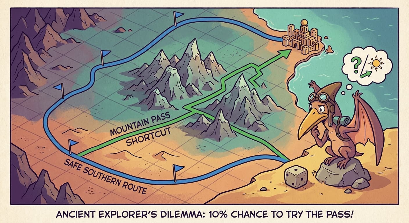 A terrain grid with two routes marked. The long southern route (blue, going far south then east) is safe but inefficient. The shorter mountain pass route (green, going diagonally through the centre) is faster. A cartoon pterodactyl sits at a fork, with a small die beside it showing a "1" — the ten percent chance that makes it try the new path instead of the safe old one