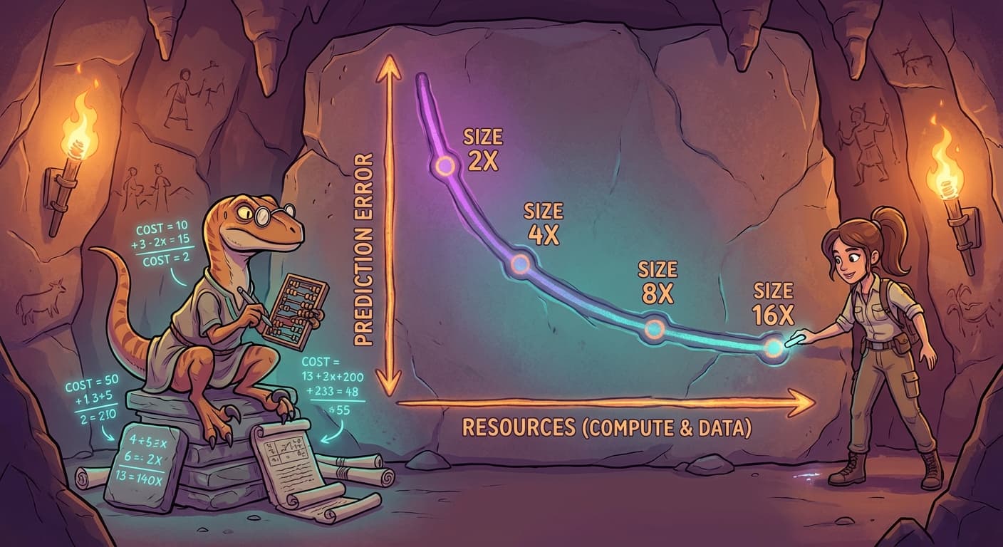 A stone graph with two axes. The horizontal axis shows "resources" (both velociraptors and training tablets) increasing from left to right. The vertical axis shows "prediction error" decreasing from top to bottom. A smooth curve descends from upper left to lower right, showing consistent improvement that never flattens. Trviksha marks points on the curve where the network doubled in size, each point dropping by roughly the same amount. Blortz calculates costs on an abacus nearby