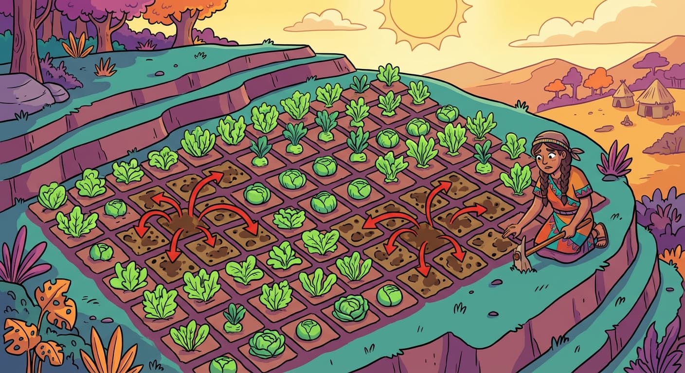 A 20×20 stone grid representing a field. Clusters of black pebbles (blighted plots) appear in two areas. Red arrows connect neighbouring plots to show how blight spreads locally. Below the grid, the same data is shown as a flat list of numbers, with all spatial relationships lost
