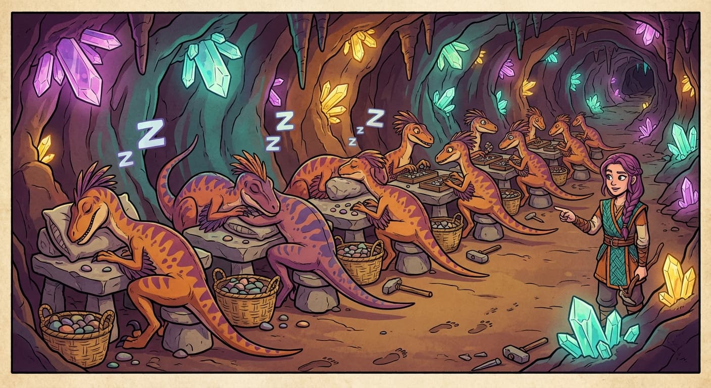 A row of twenty velociraptor workstations. Four velociraptors are slumped asleep at their stations, marked with small stone pillows. The remaining sixteen work normally, processing pebbles. Trviksha stands at the end of the row, randomly pointing at which velociraptors will sleep next