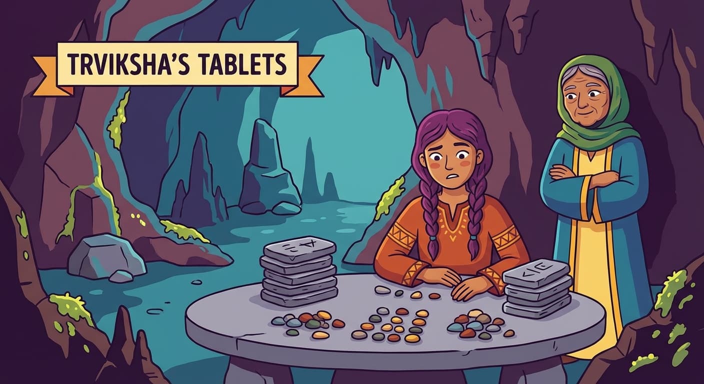 Trviksha sitting at a stone table with two piles of patient record tablets — one pile for sick patients, one for healthy — examining them with a confused expression. Behind her, Grothvik watches with crossed arms. Pebble arrangements representing patient data are spread across the table