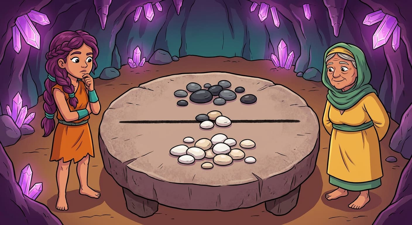 A stone number line stretching from 0 to 100 with pebbles representing patients scattered along it. A movable wooden marker sits at 40. To the left of the marker, patients are labelled "examine now." To the right, "can wait." Some pebbles are coloured red (truly sick) and others grey (healthy). A few red pebbles sit to the right of the marker — missed cases — while several grey pebbles sit to the left — false alarms. Trviksha slides the marker while Grothvik watches