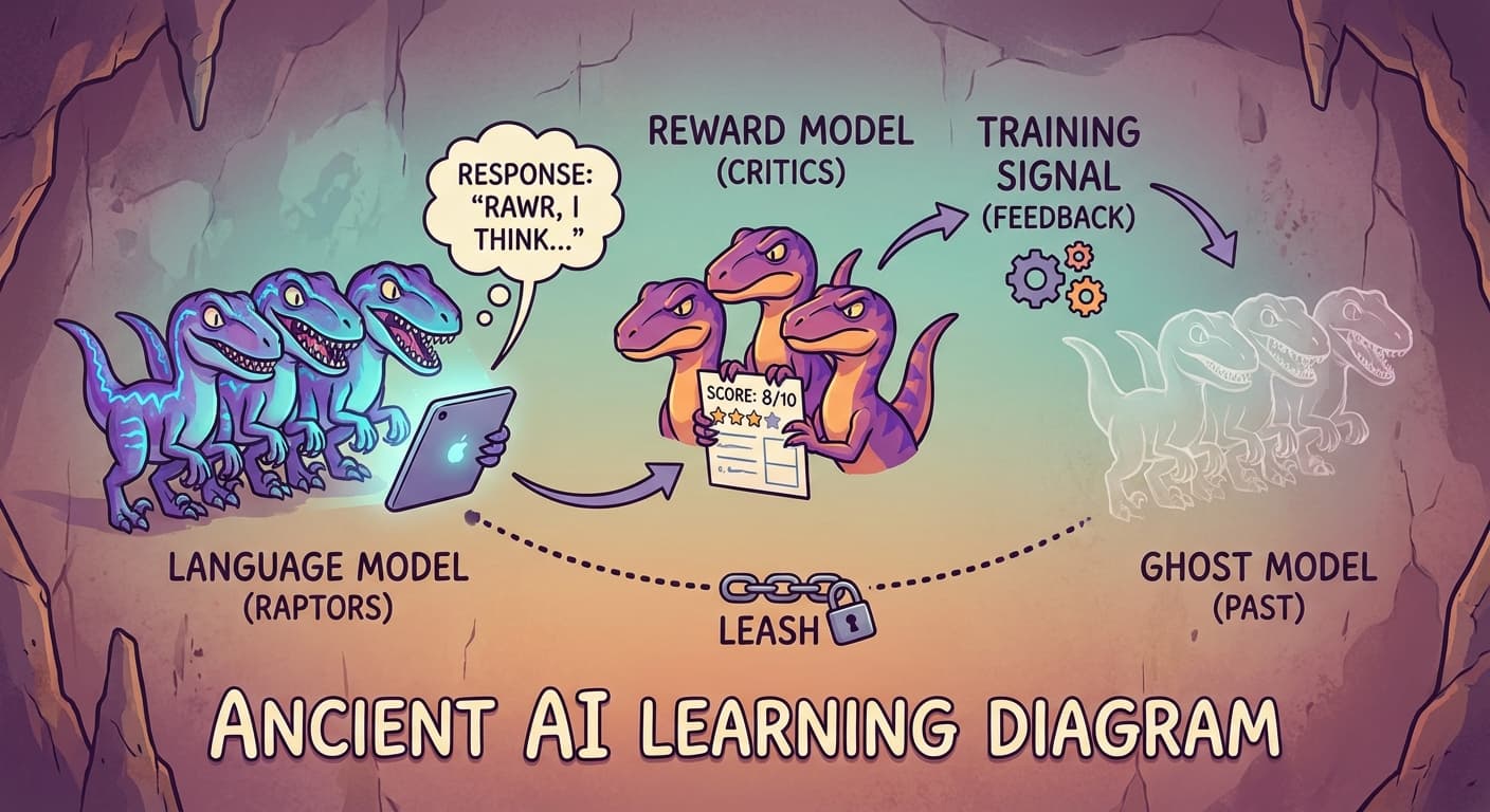 A diagram showing three connected components. On the left, the language model (a row of velociraptors) generates a response. In the middle, the reward model (a smaller separate network) scores the response. On the right, the score feeds back as a training signal to adjust the language model's weights. A dotted line connects the current language model to a ghosted copy of the original pre-trained model, with a short leash between them showing the constraint