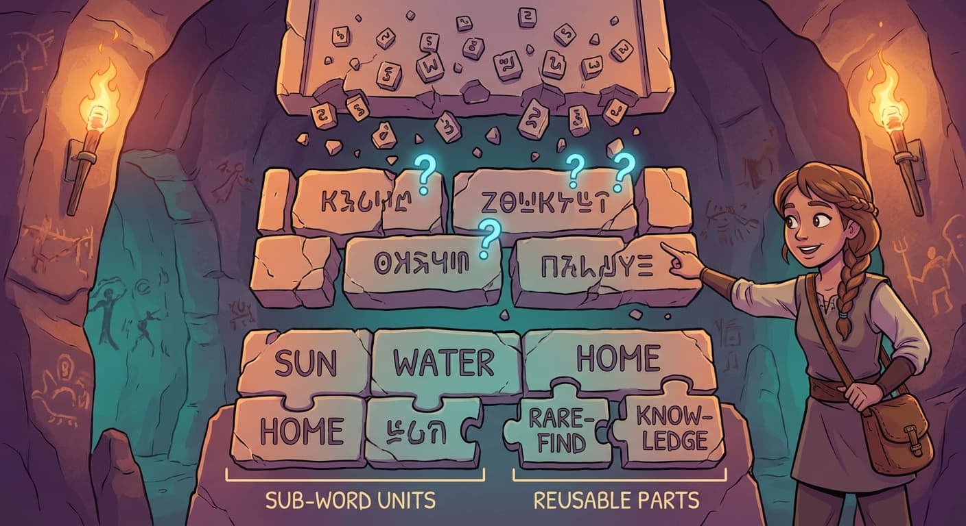 A stone tablet with Sonhlagoti text being broken into pieces at three levels. At the top, individual characters (too small to carry meaning). In the middle, whole words (too many unique entries, with unknown words marked with question marks). At the bottom, sub-word units — common words kept whole, rare words split into reusable pieces. Trviksha points at the middle path approvingly
