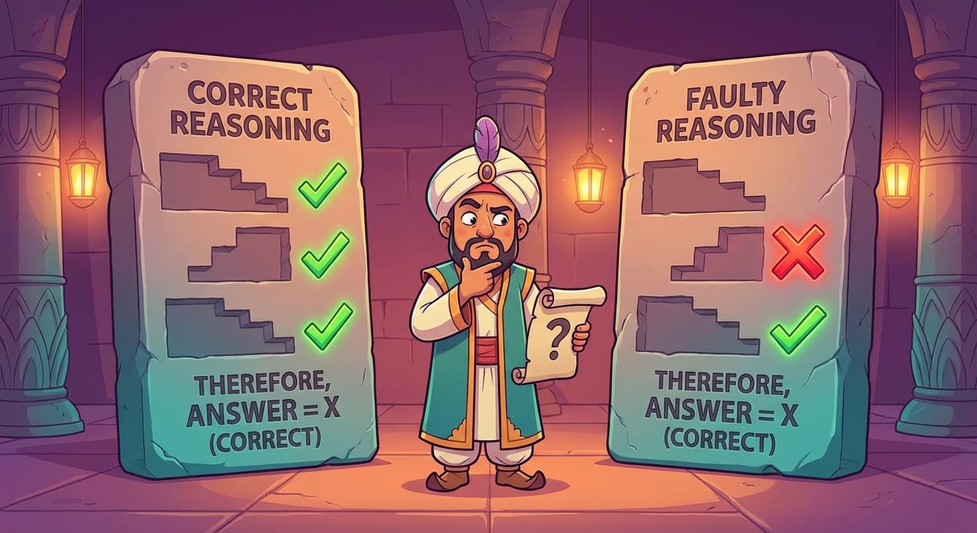 Two stone tablets showing chains of reasoning. The left tablet has correct steps leading to a correct answer, with green check marks. The right tablet has an incorrect step in the middle (marked with a red X) but still arrives at the correct answer at the bottom (green check). A confused Zhrondvik looks between the two, unable to tell which reasoning to trust