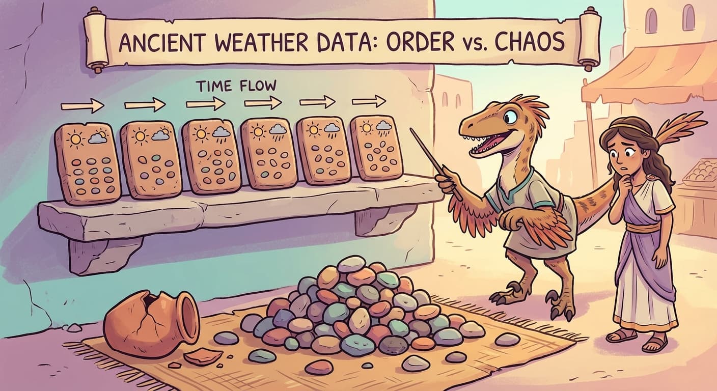 A stone shelf showing seven tablets in a row, each representing one day's weather readings. Arrows indicate time flowing left to right. Below, the same data is scrambled into a single pile of thirty-five pebbles with no arrows — the temporal structure gone. Vrothjelka points at the ordered sequence while Trviksha stares at the disordered pile