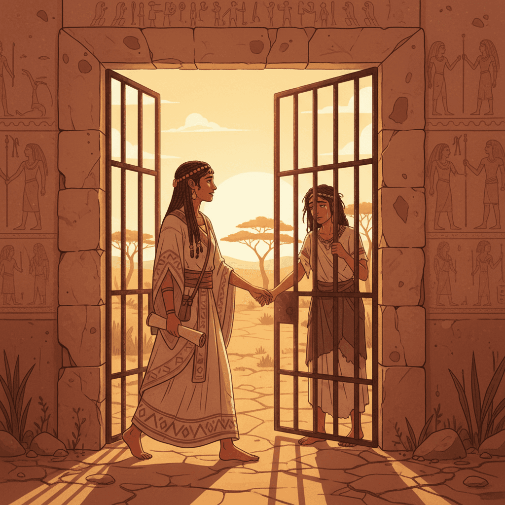 Crivsola walking free from the prison gate, Lomytguya visible in a window behind her