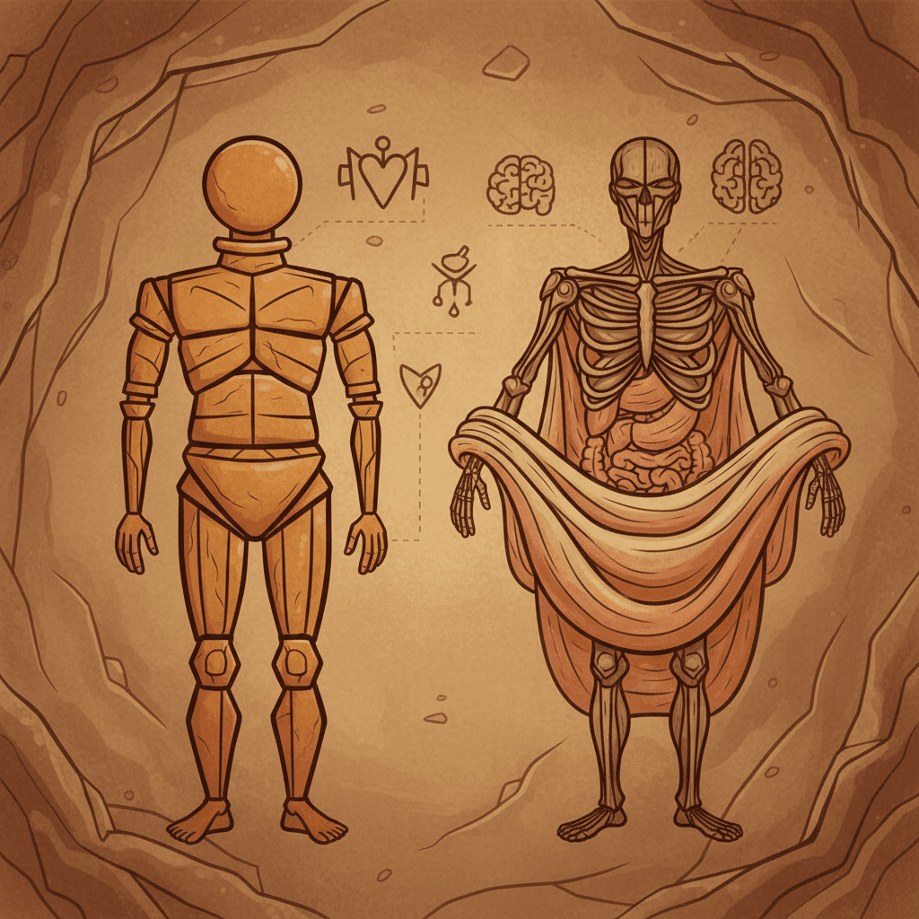 Two models of what gives the body its shape — a rigid clay pot versus a hard frame with soft material draped over it