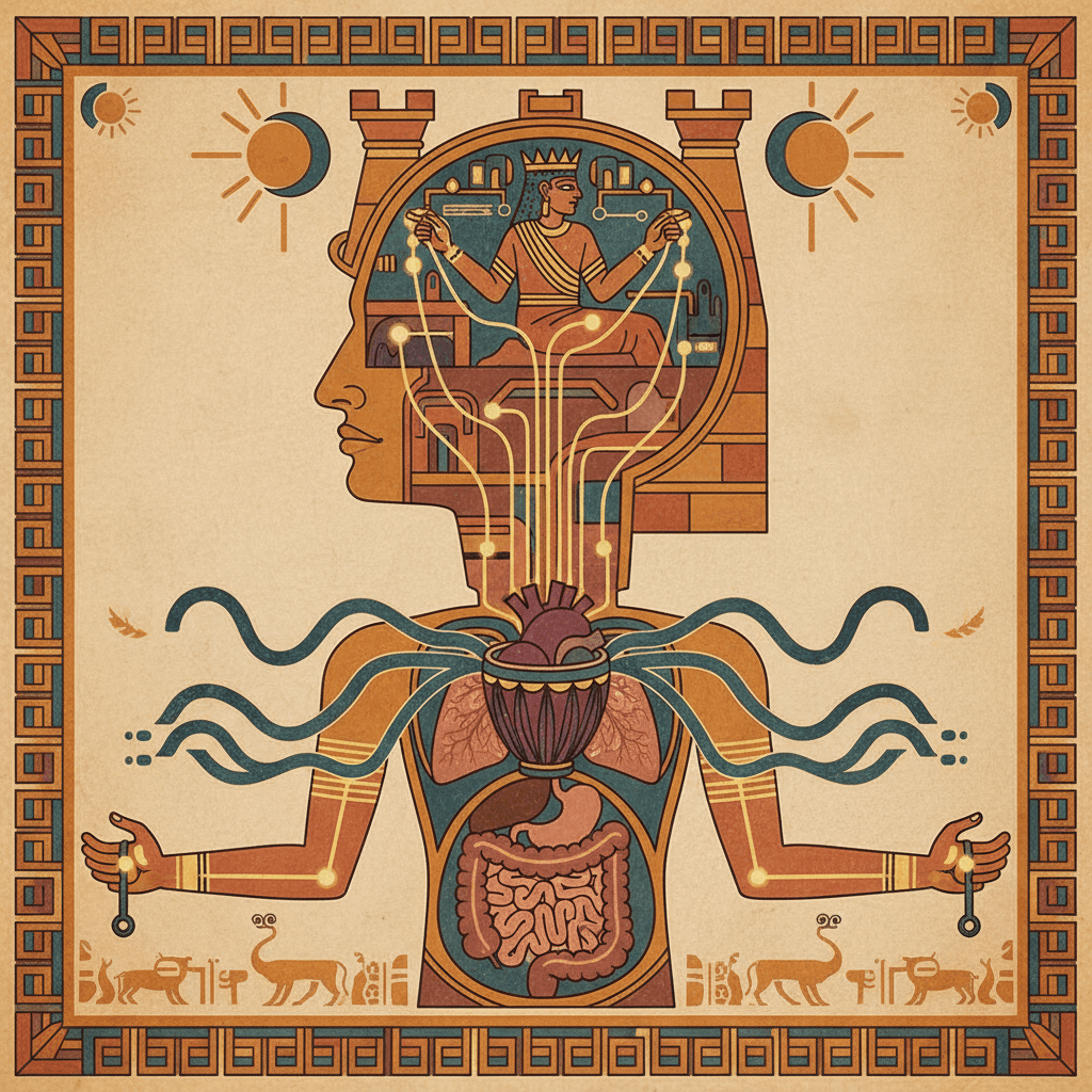 The head as command centre, encased in the hard dome of the skull, with the chest-pump beating independently below — two protected regions with different roles