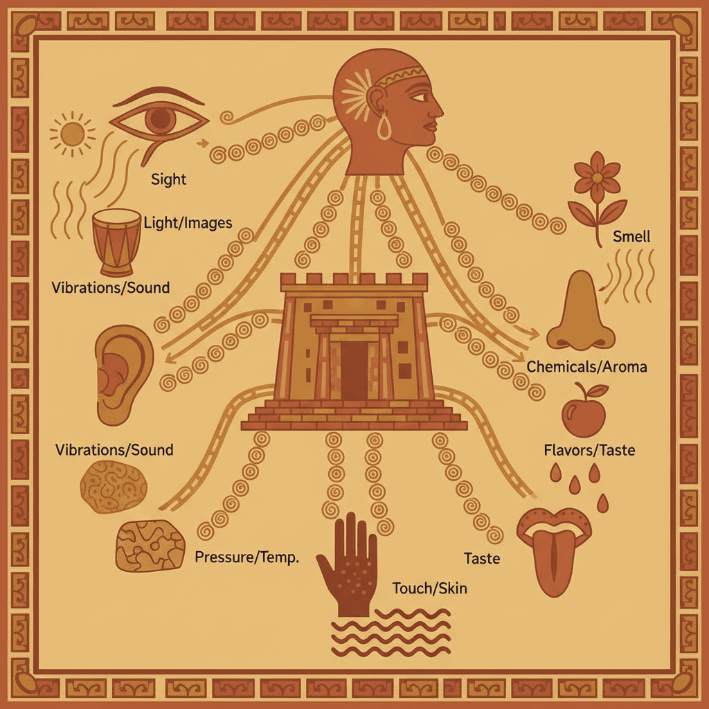 A diagram showing five senses — light, sound, pressure, heat, and chemical — each entering through a different detector but all converting into the same kind of signal travelling along paths to the head