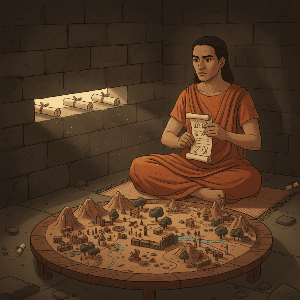 A person sitting alone in a sealed dark room, receiving written messages through slots in the walls from scouts posted outside — seeing nothing directly, knowing the world only through reports