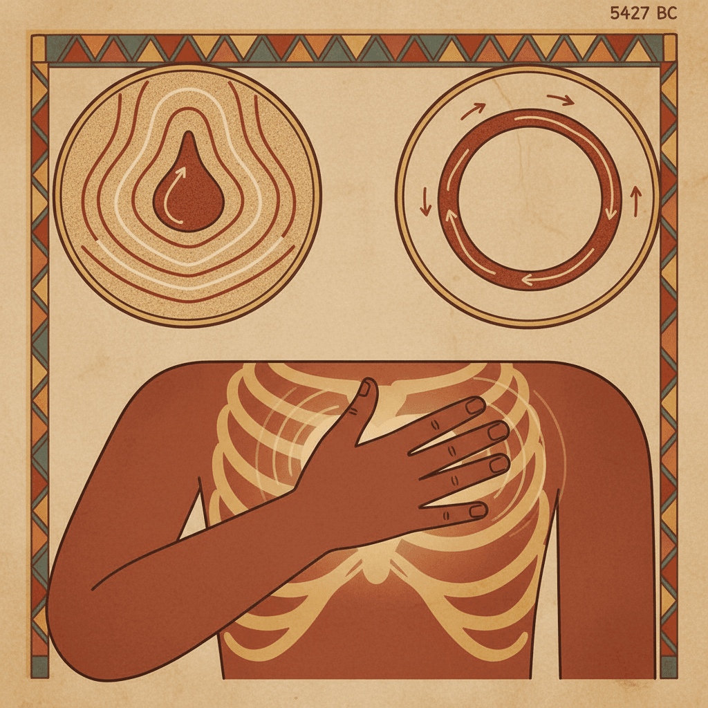 A hand pressed against the chest feeling the steady thumping, with two diagrams showing different models of fluid flow — one spreading outward and soaking in, the other looping back around