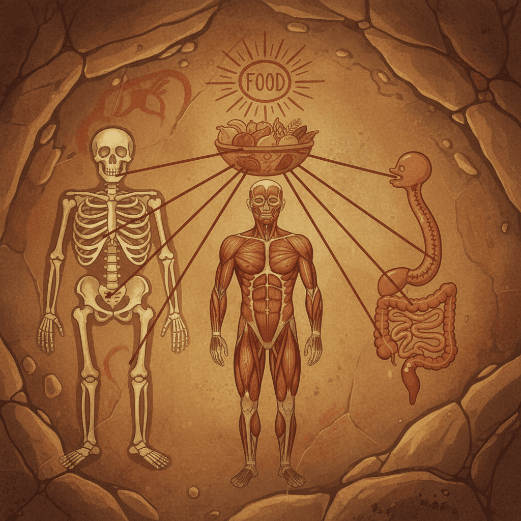 Many parts of the body — the pulling-strings, the frame, the dissolving chamber, the warmth — all connected by arrows pointing back to food as the source of power