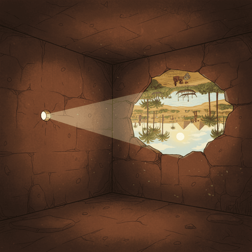 Light passing through a tiny hole in the wall of a dark room, casting an inverted picture of the outside scene on the opposite wall — a camera obscura