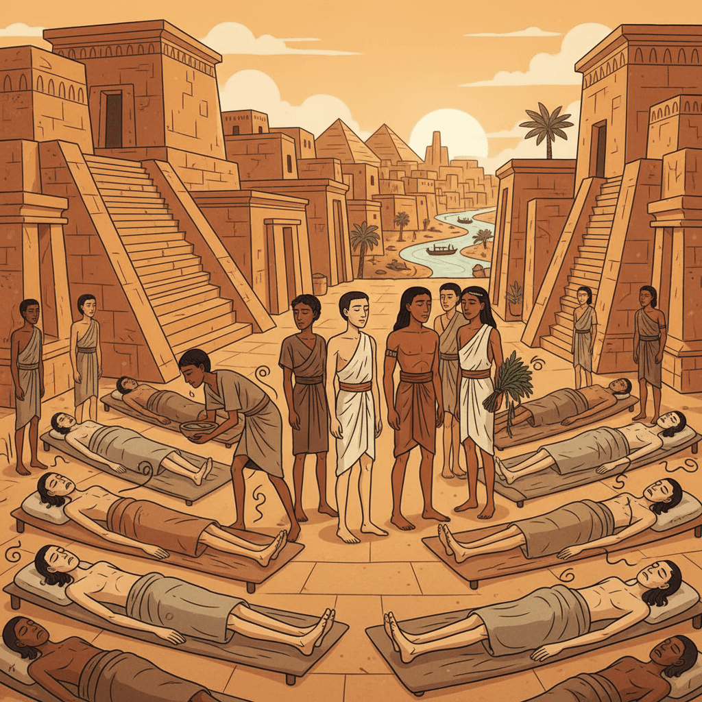 A sickness sweeping through Sonhlagot — people lying ill in the streets, but some standing healthy among them